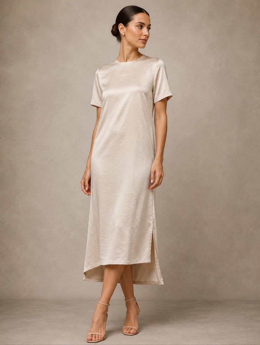 Greige Faux Silk Midi Dress | Minimalist Bridal Shift Dress